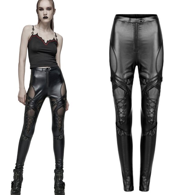 PUNK RAVE Stretch-Hose in Leder-Optik (WK-490) mit übereinander verlaufenden Riemen mit Schnallen, Mesh-Unterlegten Cut-Outs und Zierschnürungen auf der Beinvorderseite.