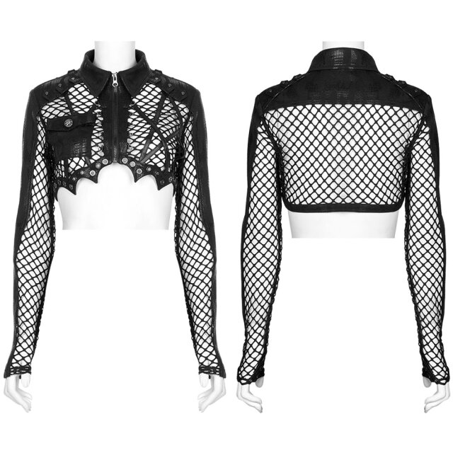 PUNK RAVE net bolero (WY-1358BK-RD & BK) with batwing-shaped hem made of coarse net in two different colour variations (plain black or black-red) with long sleeves, Kent collar, breast pocket and cool details like rivets, eyelets and straps.