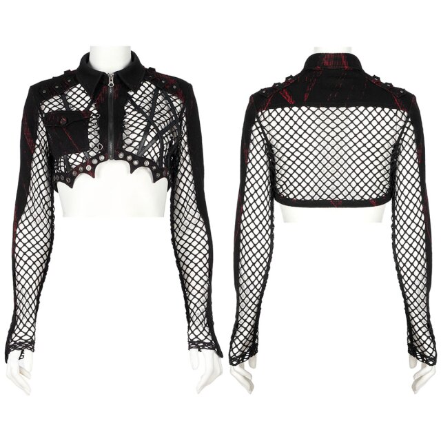 PUNK RAVE Netz-Bolero (WY-1358BK-RD & BK) mit Saum in Fledermaus-Flügel-Form aus grobem Netz in zwei unterschiedlichen Farb-Varianten (uni-schwarz oder schwarz-rot) mit langen Ärmeln, Kent-Kragen, Brusttasche und coolen Details wie Nieten, Ösen und Riemen