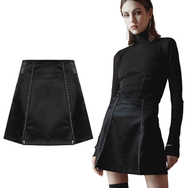 Flared PUNK RAVE mini skirt (OPQ-1197BK) made of faux leather with two rows of silver coloured small studs and delicate crochet trim.