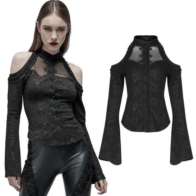 PUNK RAVE gothic blouse (WY-1357BK) with tone-on-tone print of baroque ornaments and heraldic lilies, delicate mesh and large cut-outs on the shoulders decorated with delicate flowers and pearls.