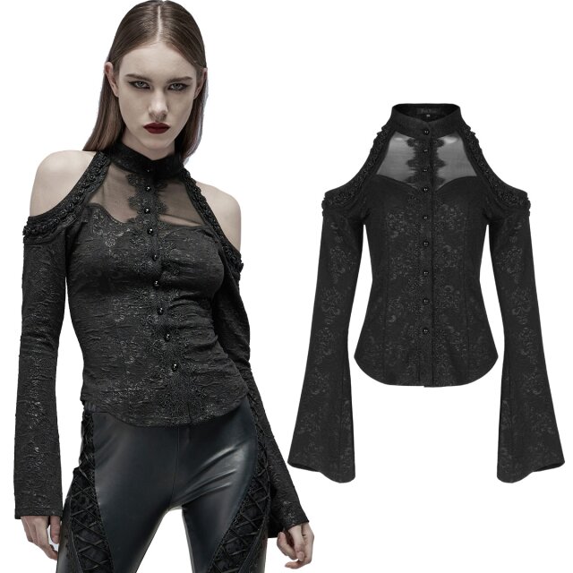 PUNK RAVE Gothic-Bluse (WY-1357BK)mit Ton-in-Ton-Print barocker Ornamente und heraldischen Lilien, zartem Mesh sowie großen Cut-Outs auf den Schultern verziert mit zarten Blüten und Perlen.