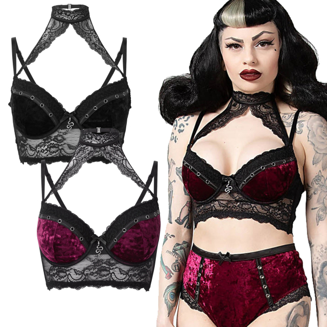KILLSTAR Mercy lace bra in black or red-black with wide, lace-trimmed halter straps and choker, as well as padded underwired cups made of elastic, soft velvet with studded strap