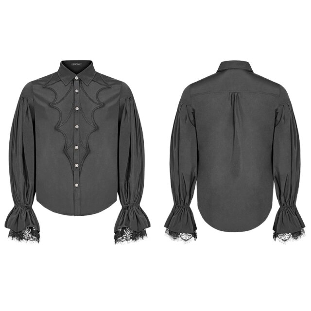 Schwarzes Punk Rave Hemd Leonardo mit weiten Dichterärmeln und Bat-Revers - Größe: 3XL