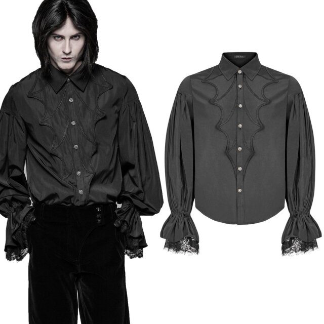 Schwarzes Punk Rave Hemd Leonardo mit weiten Dichterärmeln und Bat-Revers - Größe: 3XL