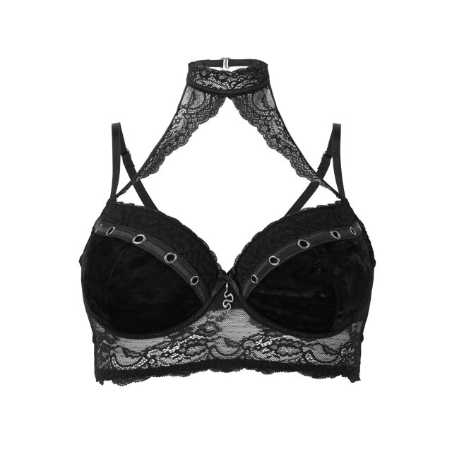PUNK RAVE Gothic-Bluse (WY-1357BK)mit Ton-in-Ton-Print barocker Ornamente und heraldischen Lilien, zartem Mesh sowie großen Cut-Outs auf den Schultern verziert mit zarten Blüten und Perlen.