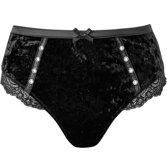 KILLSTAR Mercy Lace Panty in schwarz oder rot aus elastischem Samt mit dekorativen Riemen und Ösen sowie zarter Spitze.