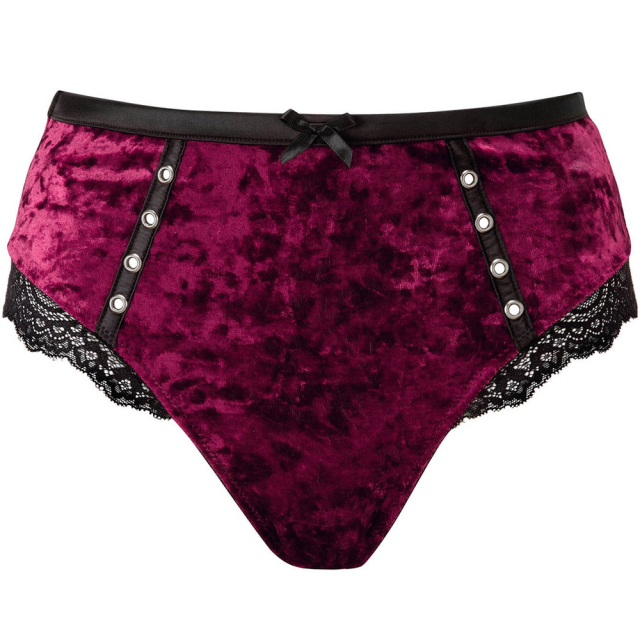 KILLSTAR Mercy Lace Panty in schwarz oder rot aus elastischem Samt mit dekorativen Riemen und Ösen sowie zarter Spitze.