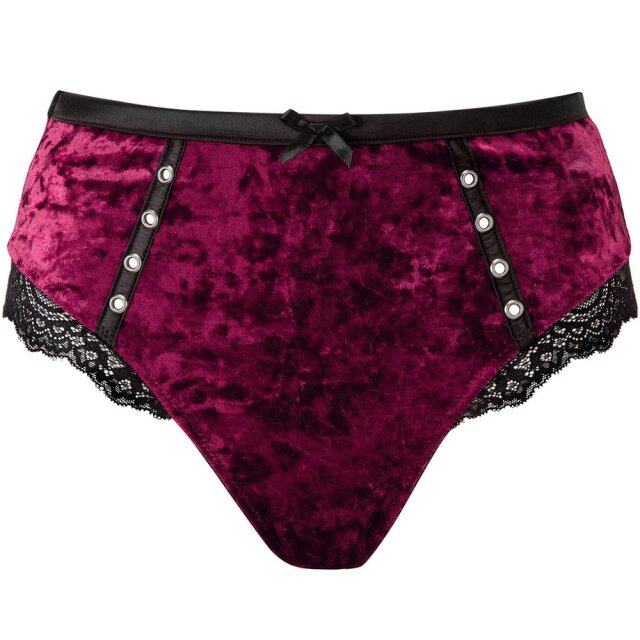 KILLSTAR Mercy Lace Panty in black or red made of elastic velvet with decorative straps and eyelets as well as delicate lace.