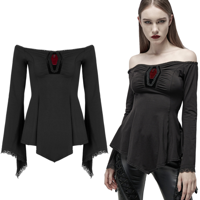 PUNK RAVE A-line shirt (WT-691BK) with long flared sleeves, large boat neckline and discreet coffin appliqué on the neckline
