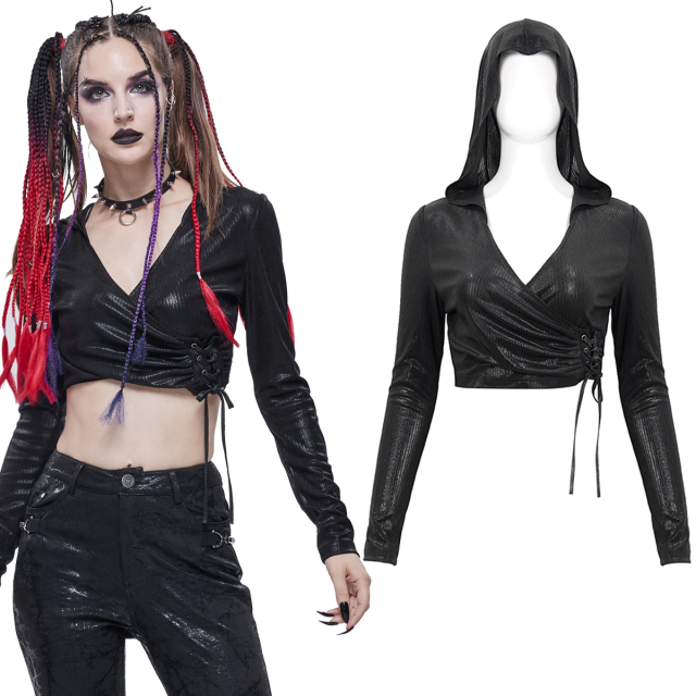 Belly-baring Devil Fashion long-sleeved crop top (TT184) in wrap-around look with large hood made of cool shiny stretch material with fine tone-in-tone stripes