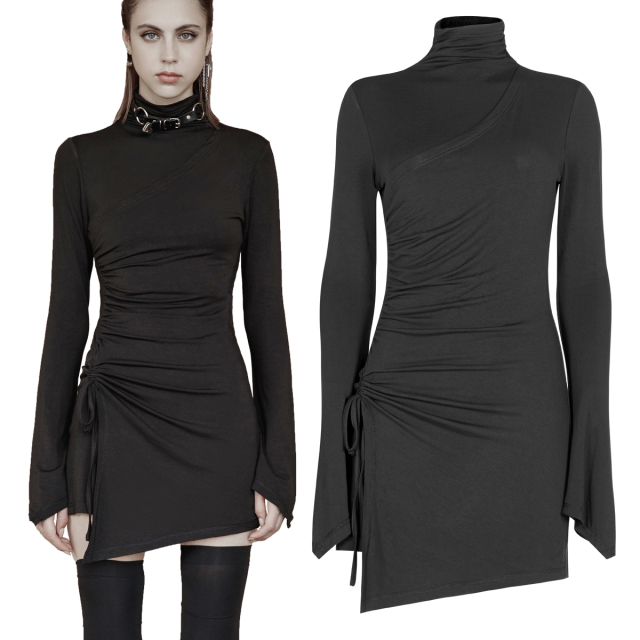 PUNK RAVE gothic mini dress (OPQ-1200LQF BK)  in wrap-look with side gathers, asymmetrical front hem, smocked turtle neck and extra long flared sleeves