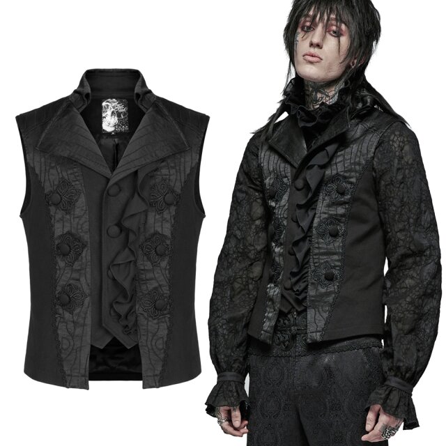 PUNK RAVE Victorian-Goth Jacquard-Weste (WY-1373BK) mit seidenmattem Besatz und Chiffonvolant vorne sowie ausgefallenem Kragen und nobel verzierten Deko-Knöpfen