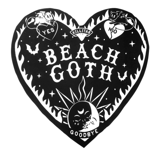 KILLSTAR Beach Goth XL towel in heart shape with large gloomy print in black and white