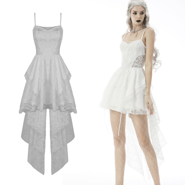 White Dark In Love hi-lo dress (DW606) with large butterfly lace appliqué on the bust, attached layered skirt made of delicate lace and narrow straps.