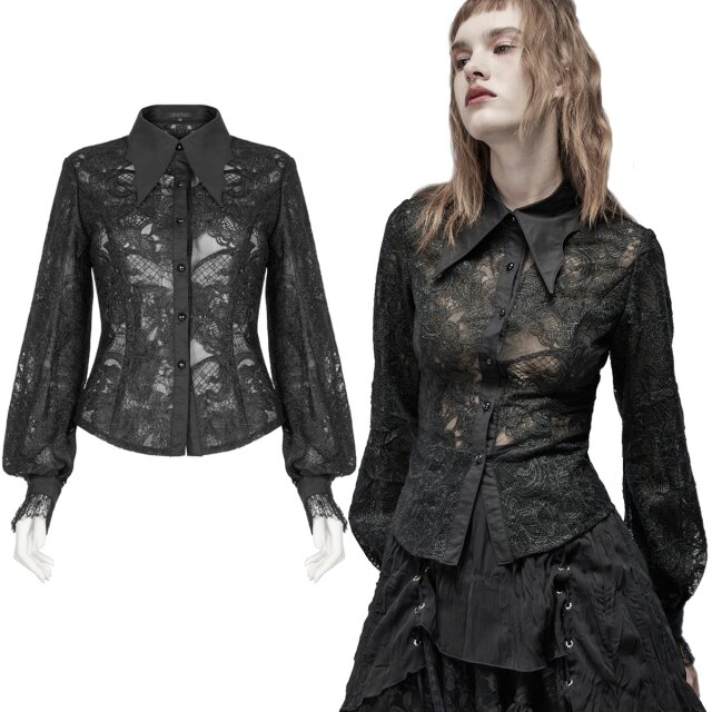 Transparent PUNK RAVE blouse (WY-1360BK) with long, slightly billowing sleeves made of fine tulle, embroidered with a floral vine pattern as well as with an exciting collar in the shape of bat wings and lacing in the back.