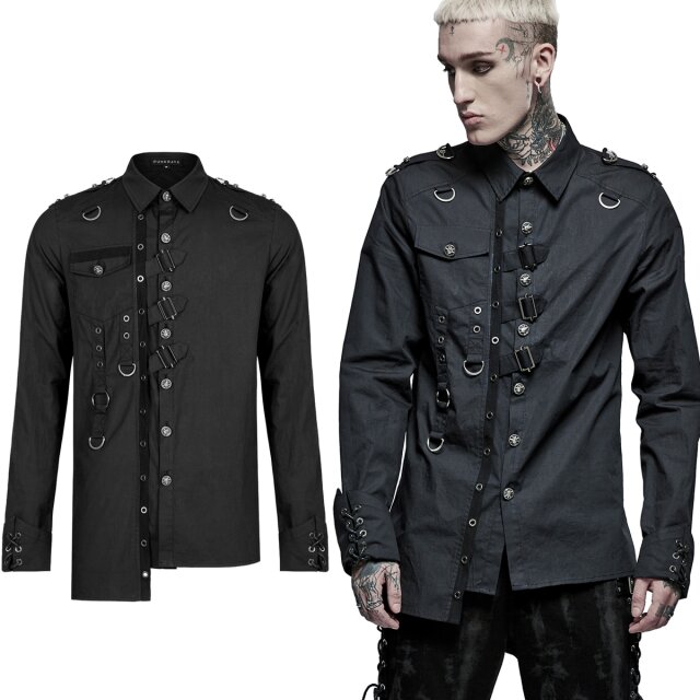 Aufwendig verziertes PUNK RAVE Langarm-Hemd (WY-1362BK) mit kantig-asymmetrischem Saum, zahlreichen Riemen mit D-Ringen, Schnallen und Ösen sowie Totenkopf-Nieten. Ärmel mit geschnürten Umschlagmanschetten