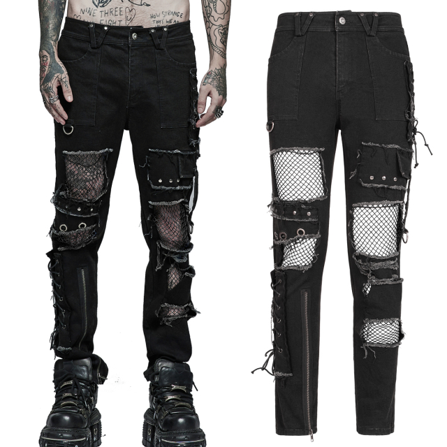 PUNK RAVE tattered trousers (WK-503BK) in black stretch denim with coarse mesh inserts at the front, lacings, straps, rivets and decorative zips.