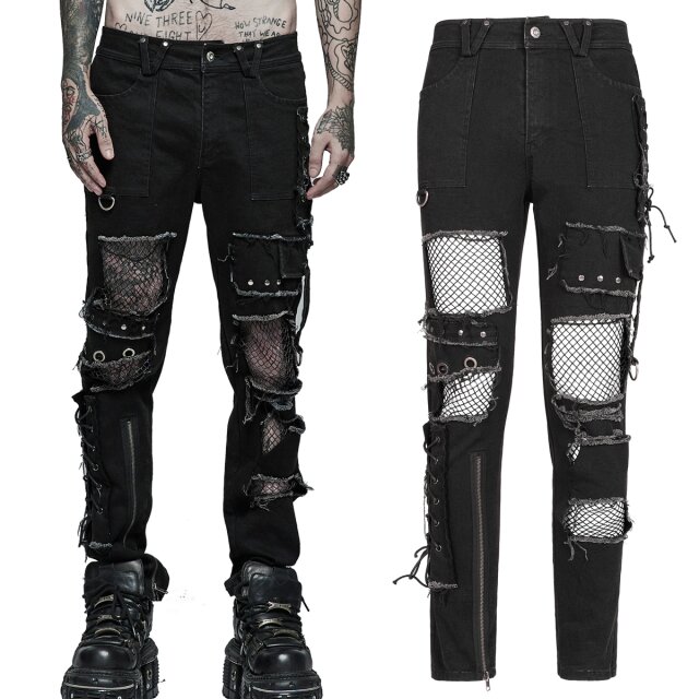 PUNK RAVE Fetzenhose (WK-503BK) aus schwarzem Stretch-Denim mit groben Netzeinsätzen vorne, Schnürungen, Riemen, Nieten und Zierreißverschlüssen