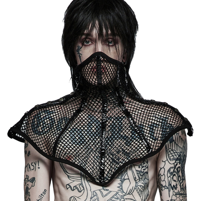 Large PUNK RAVE net collar (WS-493BK) with attached mask and partition seams covered with a patent material strap. Closes at the sides with press studs.