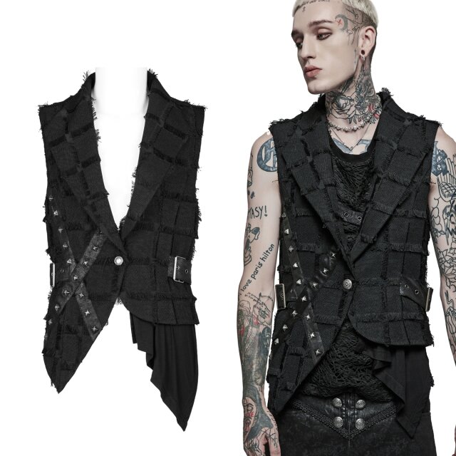 Abgefahrene PUNK RAVE Endzeit Weste (WY-1377BK) asymmetrisch geschnitten aus elastischem Material mit eingewebtem Quadratmuster und ausgefransten Kanten, im Rücken mit Riemen und Schnallen sowie aufgesetzten Bändern mit Nieten.