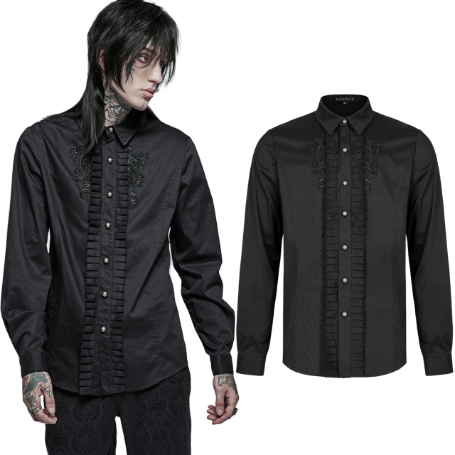 Black PUNK RAVE mens shirt (WY-1363BK) in Victorian-Goth style with ruched tucks and lace appliqués on the chest, Kent collar, long sleeves and back yoke with pleat.