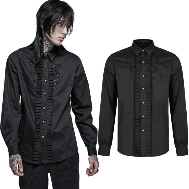 Schwarzes PUNK RAVE Herrenhemd (WY-1363BK) im Victorian-Goth Stil mit gerüschter Biese und Spitzenapplikationen auf der Brust, Kentkragen, langen Ärmeln sowie Rückenpasse mit Falte.