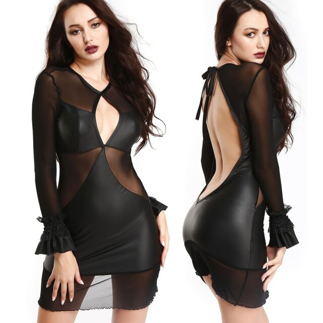 Elastic wetlook and mesh material in a seductive minidress with long sleeves, halterneck and very deep back neckline