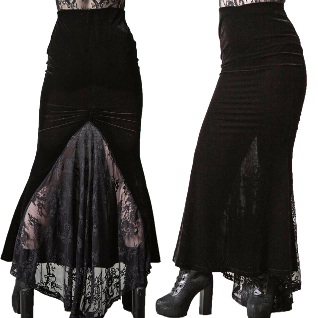 The black KILLSTAR The Ghostess maxi skirt has a slim cut down to the ankles and enchants with a large lace insert at the back. Very elastic made of deep black velvet and delicate lace and with a comfortable elastic waistband.