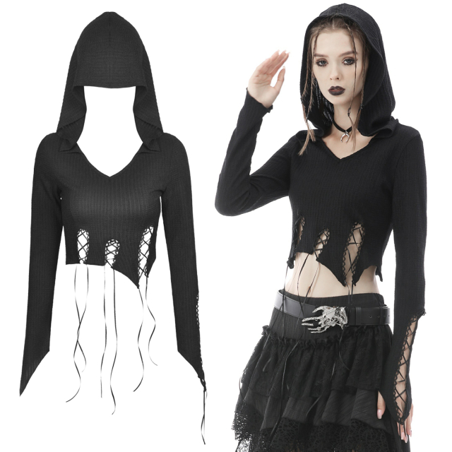 Belly-free Dark in Love top (TW348) with long sleeves, hood and braid trimmed tips at the asymmetrical hem, partly with lacing.
