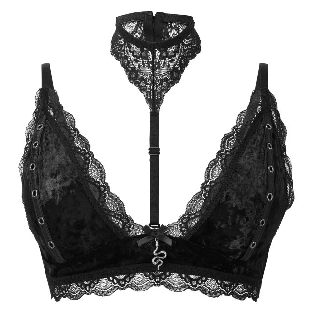 KILLSTAR Pin Stuck Bra made of delicate lace and fluffy velvet, optionally in plain black or red-black with detachable lace choker