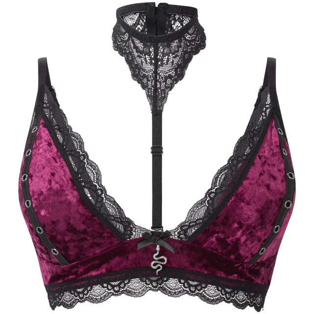 KILLSTAR Pin Stuck Bra made of delicate lace and fluffy velvet, optionally in plain black or red-black with detachable lace choker