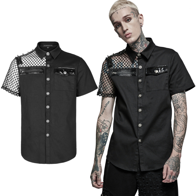 Punk Rave short-sleeved shirt (WY-1376BK) with vinyl details, spiked rivets and coarse mesh inserts.