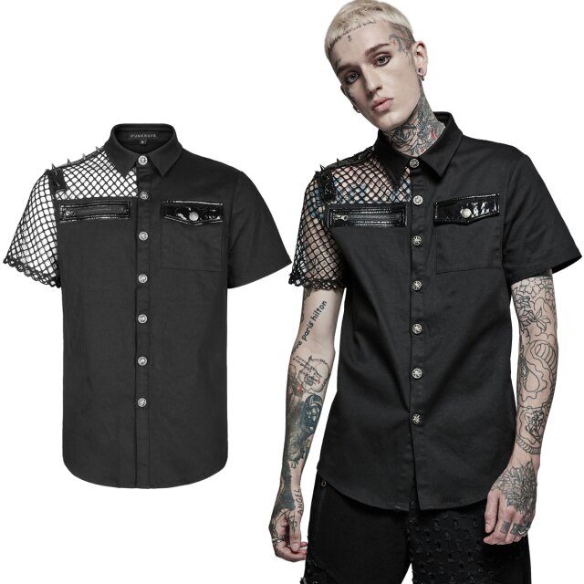 Punk Rave Kurzarmhemd (WY-1376BK) mit Lack-Details, Killernieten und groben Netzeinsätzen.