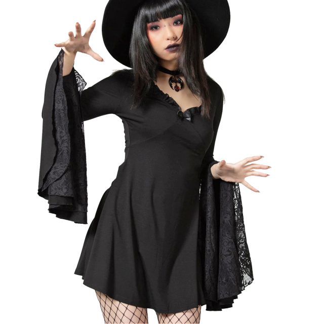 KILLSTAR Hagatha Sorceress dress made of soft elastic jersey with XL bell sleeves with lace inserts, V-neck and slightly flared mini skirt