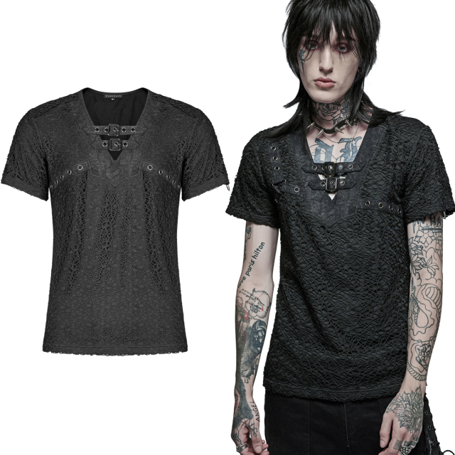 PUNK RAVE T-Shirt (WT-704BK) front completely covered with irregular mesh at the V-neck with grey mottled denim edging as well as straps and buckles at the chest area.