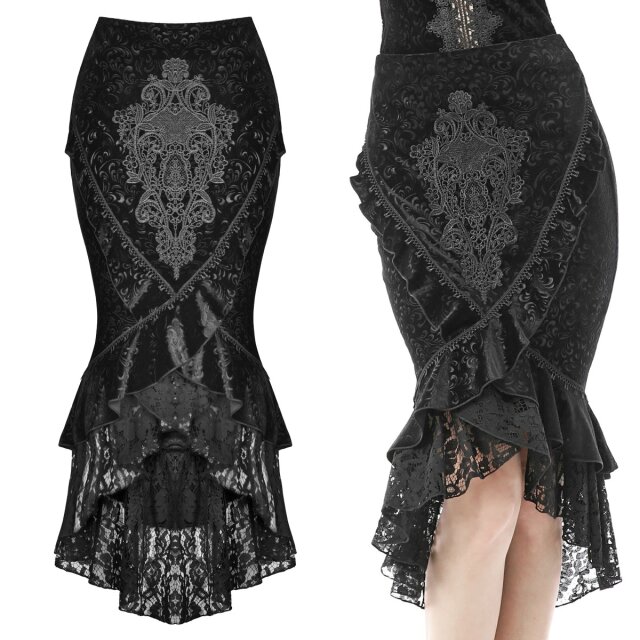 Dark In Love pencil skirT (KW219) in stretch velvet with embossed baroque vines, velvet and lace flounces at the hem and a large baroque lace ornament at the front. Cheeky lacing at the back.