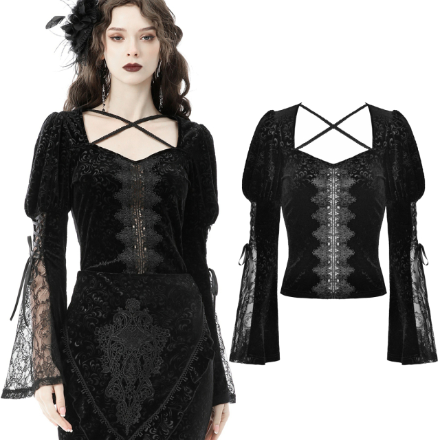 Dark In Love long-sleeved shirt (TW392) in embossed velvet with puffed sleeves and trumpet cuffs trimmed with lace inserts and lacing, as well as wide trim from the square neckline to the hem. Criss-cross braid across the neckline.
