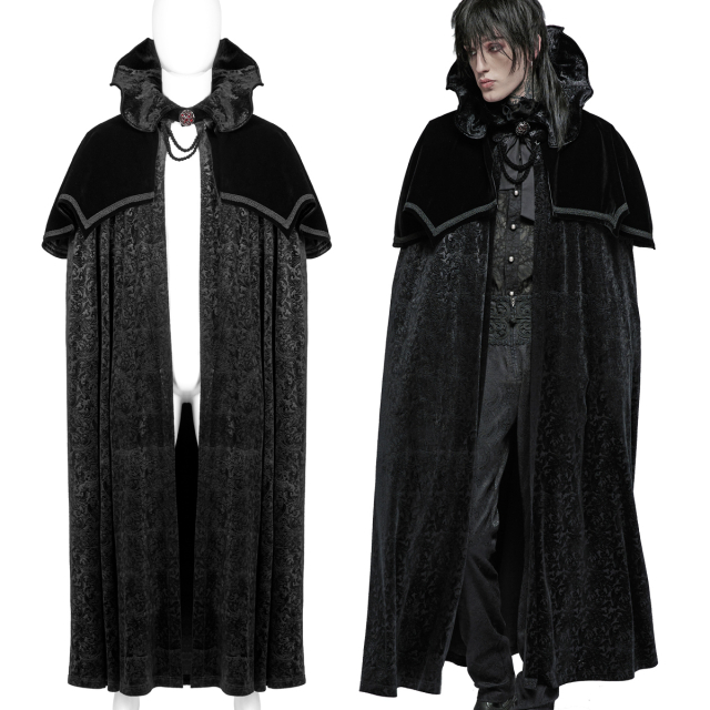Long two-piece PUNK RAVE velvet cape (Y-1378) in vampire look with embossed tendril pattern, large ornate button with blood red accents and a separate shoulder cape.