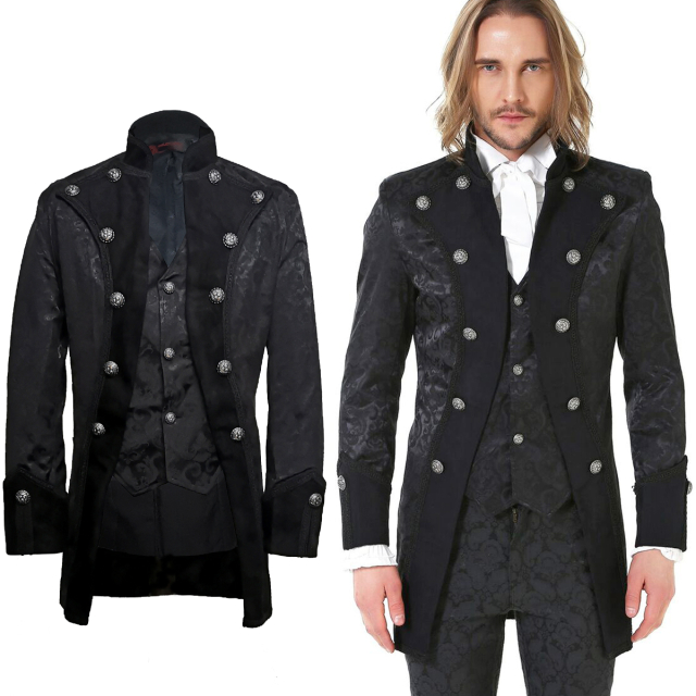 Darkly romantic gothic cutaway in fine brocade with lapels and turn-up cuffs in deep black velour. Set-in, imitation waistcoat.