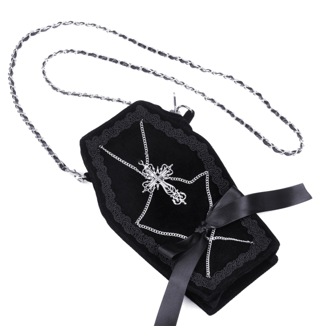 Small Dark In Love velvet handbag in coffin shape with trimmings, satin bow as well as silver-coloured cross and delicate chains