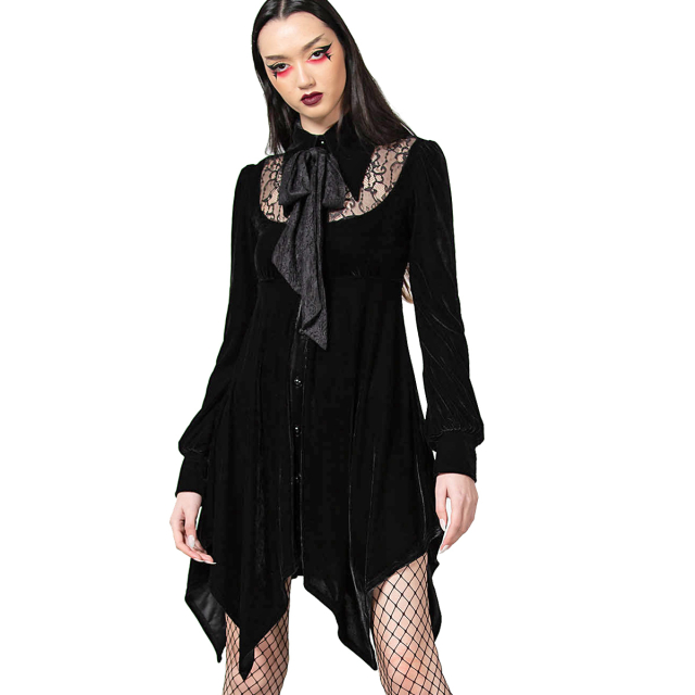 KILLSTAR Nymyra Velvet Cameo Dress - A-line velvet dress with handkerchief hem and lace neckline. Large, pointed collar and lace neck tie as well as romantic bishop sleeves.
