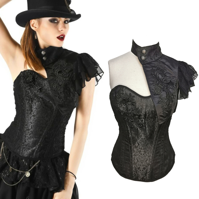 Darkly romantic corsage made from baroque patterned jacquard and intricate flower embroidery with lace ornaments. Attached, asymmetrical half bolero with wing sleeves made from lace flounces.