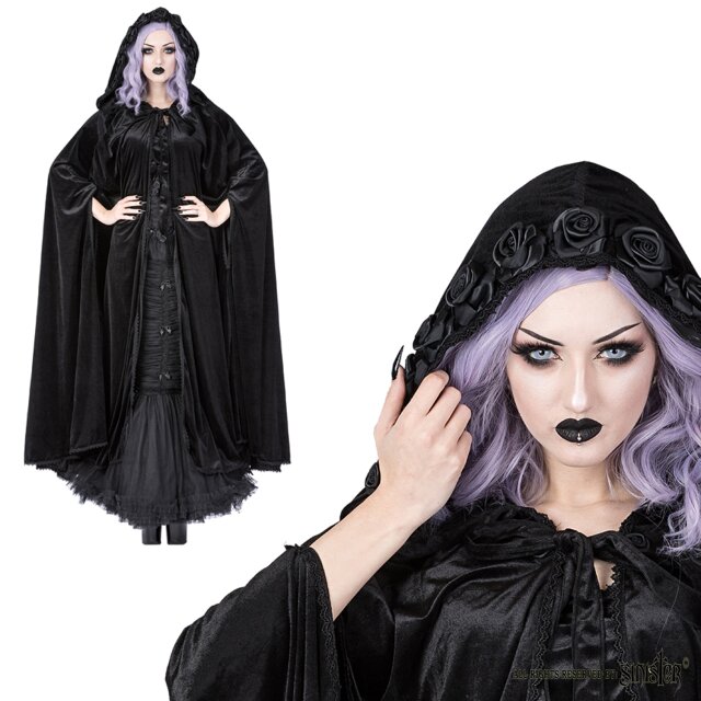 Schwarzer Gothic Samt-Umhang mit Blüten im Stil eines Mittelalter-Capes