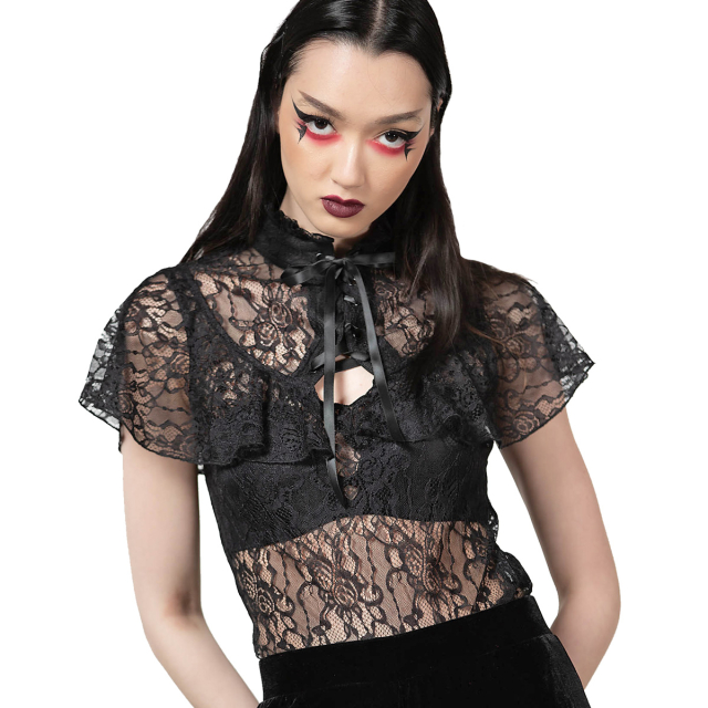 KILLSTAR Sylvia Lace Top - transparent lace shirt with stand-up collar, keyhole and flounce detail on the décolleté reminiscent of a skimpy cape collar