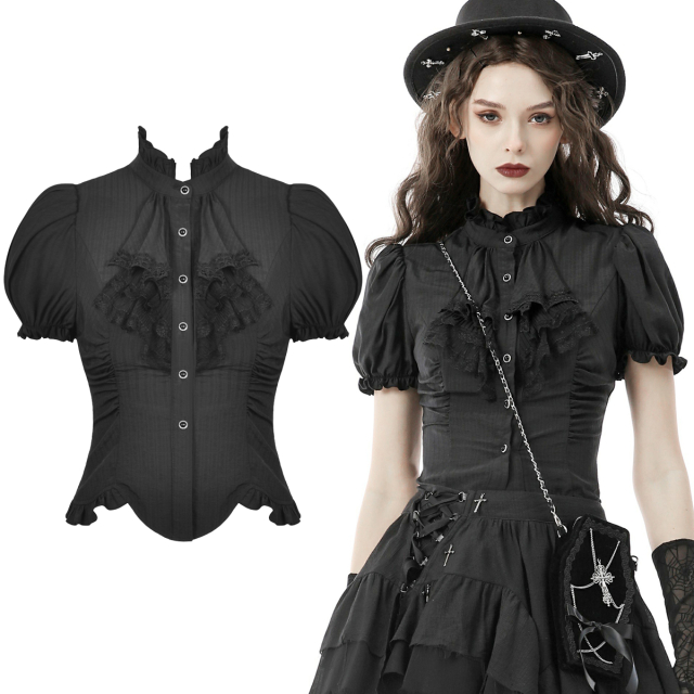 Schwarze Dark In Love Steampunk-Bluse mit kurzen Puffärmeln, Stehkragen und Rüschen sowie süßer Raffung in der Teilungsnaht vorne. Zarte Spitzenborte mit Schnürung im Rücken.