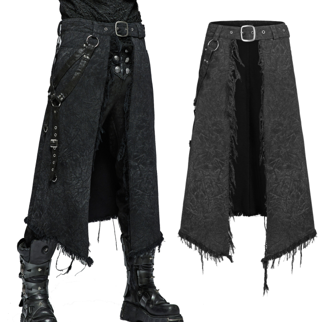 Calf-length PUNK RAVE mens skirt / half-skirt (WQ-561BL) made of washed-out denim with detachable faux leather straps with O- and D-rings as well as eyelets and buckles.