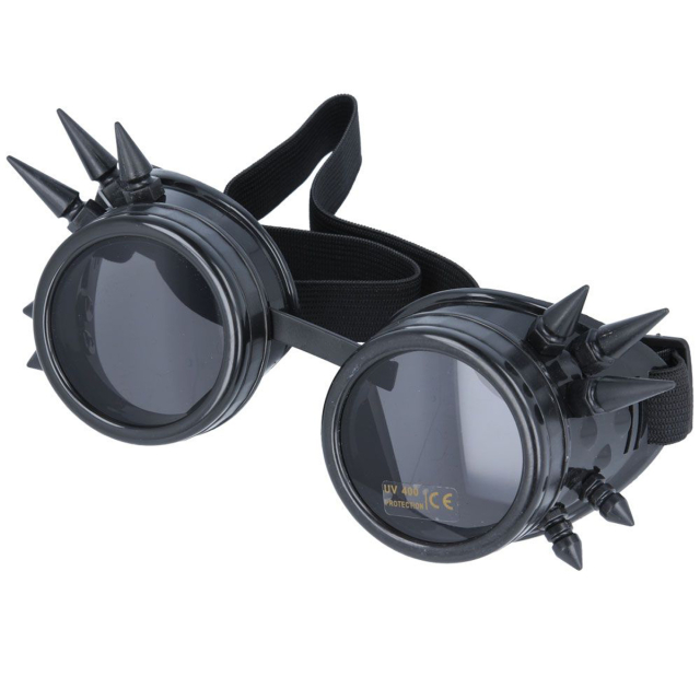 Black Steampunk / Cyber goggles with spiky studs and interchangeable lenses. Elastic, adjustable strap at the back of the head.