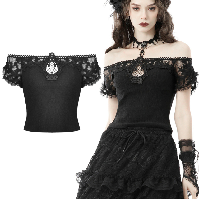 Dark In Love schulterfreies, romantisches Victorian-Goth Shirt (TW388) mit Puffärmelchen aus zarter Spitze, großer Boot-Ausschnitt mit Spitzen-Ornament auf der Brust.