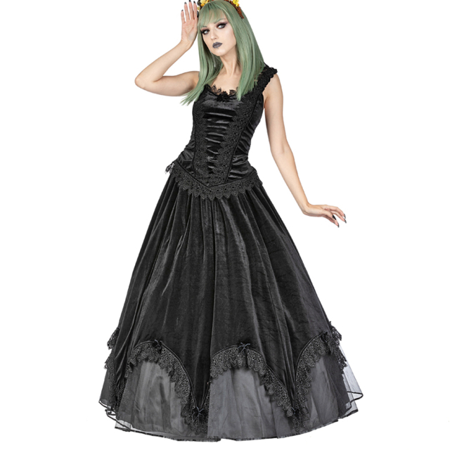 Floor length Sinister velvet skirt with stiff tulle underskirt for extra volume and hem with arches and points decorated with lace and satin bows.